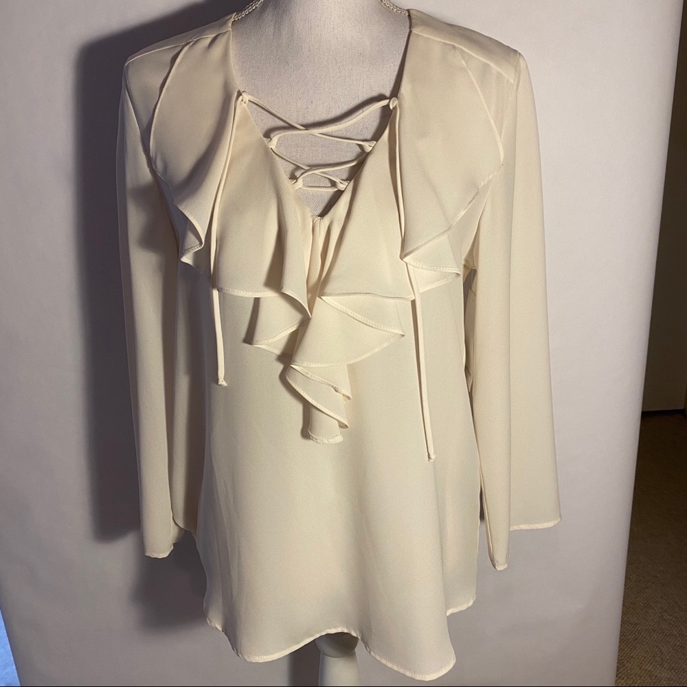 Karen Kane Lace Front Ruffle Neck Cream Blouse